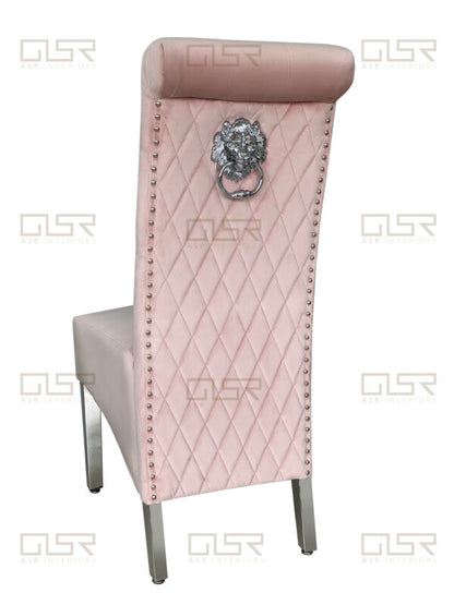 Sofia Pink Colour Chrome Leg Lion Knocker Dining Chair - ASR Interiors