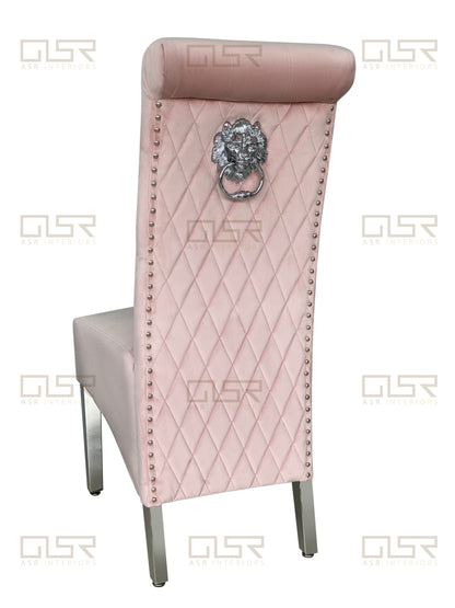 Sofia Pink Colour Chrome Leg Lion Knocker Dining Chair - ASR Interiors