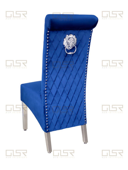 Sofia Navy Colour Chrome Leg Lion Knocker Dining Chair - ASR Interiors