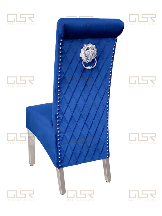 Sofia Navy Colour Chrome Leg Lion Knocker Dining Chair - ASR Interiors