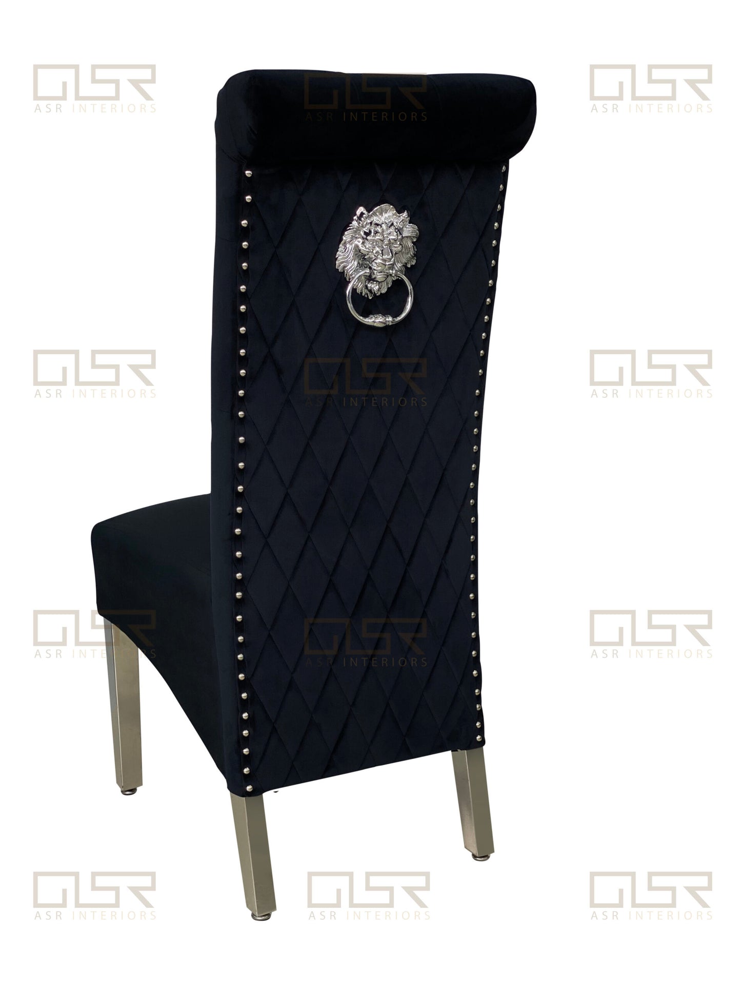 Sofia Black Colour Chrome Leg Lion Knocker Dining Chair - ASR Interiors