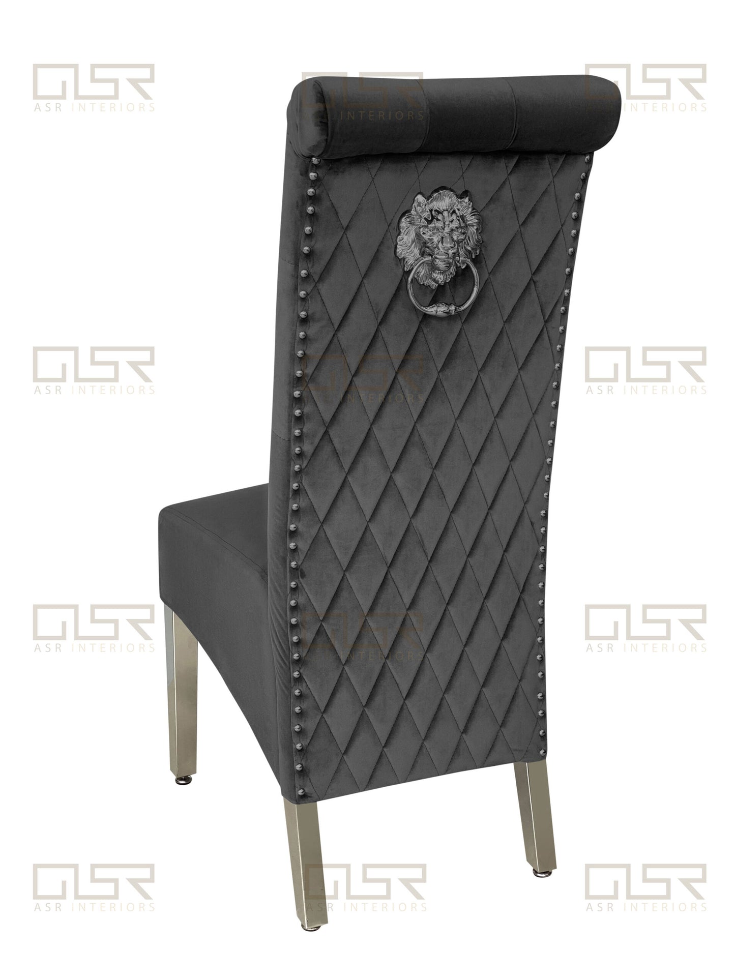 Sofia Grey Colour Chrome Leg Lion Knocker Dining Chair - ASR Interiors